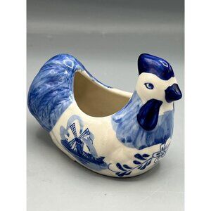 Blue & White Ceramic Dutch Hen Planter 5" Figurine Windmill Design Delft